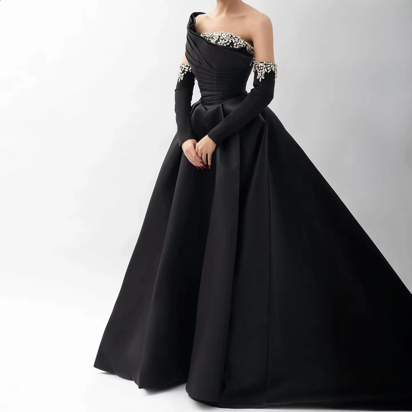 Dubai Elegant Black One Shoulder Evening Dress With Gloves Crystal for Women Wedding Formal Gown Sf272