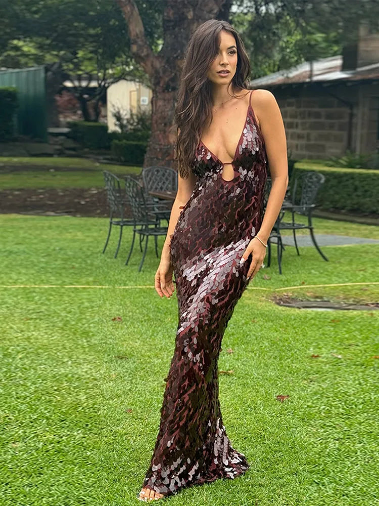 Sequin Sling Party Dress Women Sexy Shiny Backless Sleeveless Long Dresses Female 2025 Summer Hollow Out Evening Lady Slim Robes