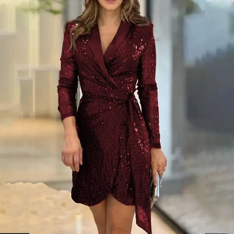 Women Sequin Dress Vintage Solid Color Tailored Collar Long Sleeve A-line Party Office Lady Casual Dresses Spring Autumn
