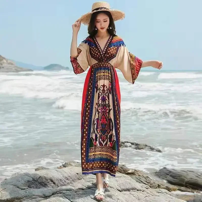 Beach Boho Dress Summer Outfit Dresses for Women Vintage Clothing New In Retro 2025 Fashion Woman Long Sleeve One Pieces Thic X