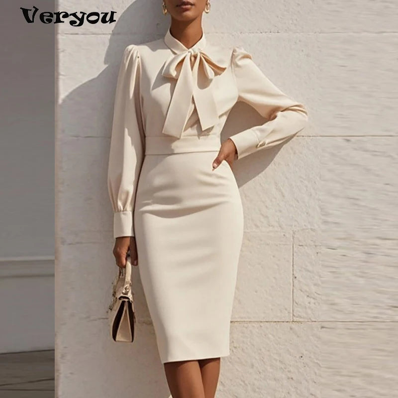 Elegant Office Lady Office Dress Women Bow Neck Long Sleeve Party Dresses For Women Autumn Midi Dress