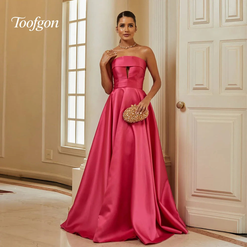 Toofgon Hot Pink Strapless Evening Dresses Customized Draped Satin A-Line Formal Prom Dresses Corset Back Special Occasion Gown