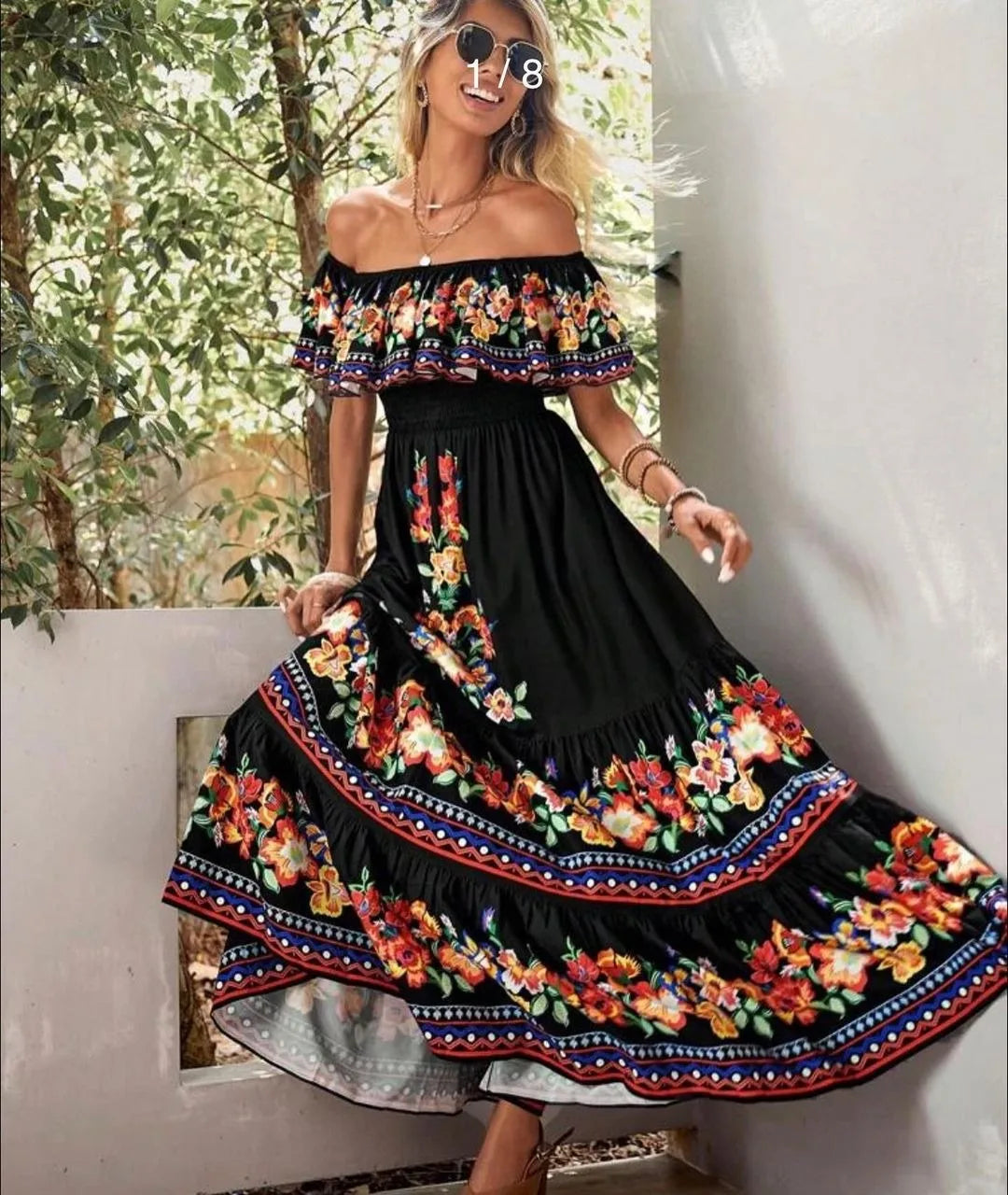 Boho 2024 Summer Dress Print Vintage Long Dresses For Women Sexy Off-Shoulder Ruffle Boho Party Maxi Dress Ladies Beach Sundress