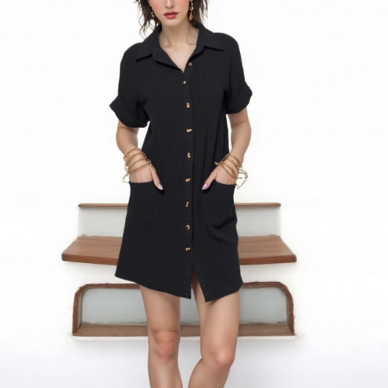 Elegant Office Lady Dresses for Women Fashion Summer Solid Color Short Sleeved Dress Casual Single Breasted Lapel Dress 5023#