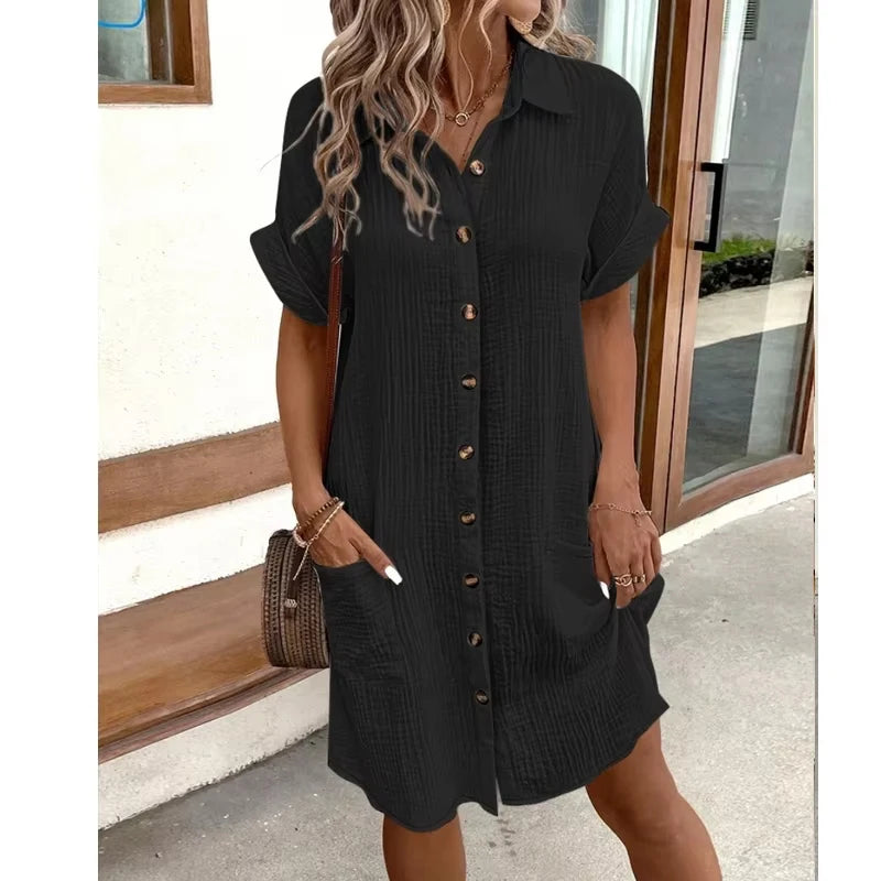 Elegant Office Lady Dresses for Women Fashion Summer Solid Color Short Sleeved Dress Casual Single Breasted Lapel Dress 5023#