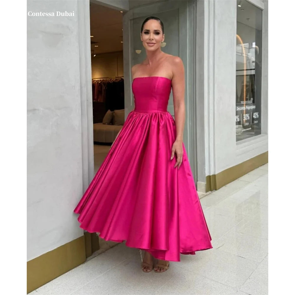Contessa Dubai Waist Cinching Simple Ball Gown Prom Dresses RoseRed Straplessفساتين سهراتAnkle-Length Sleeveless robes de soirée