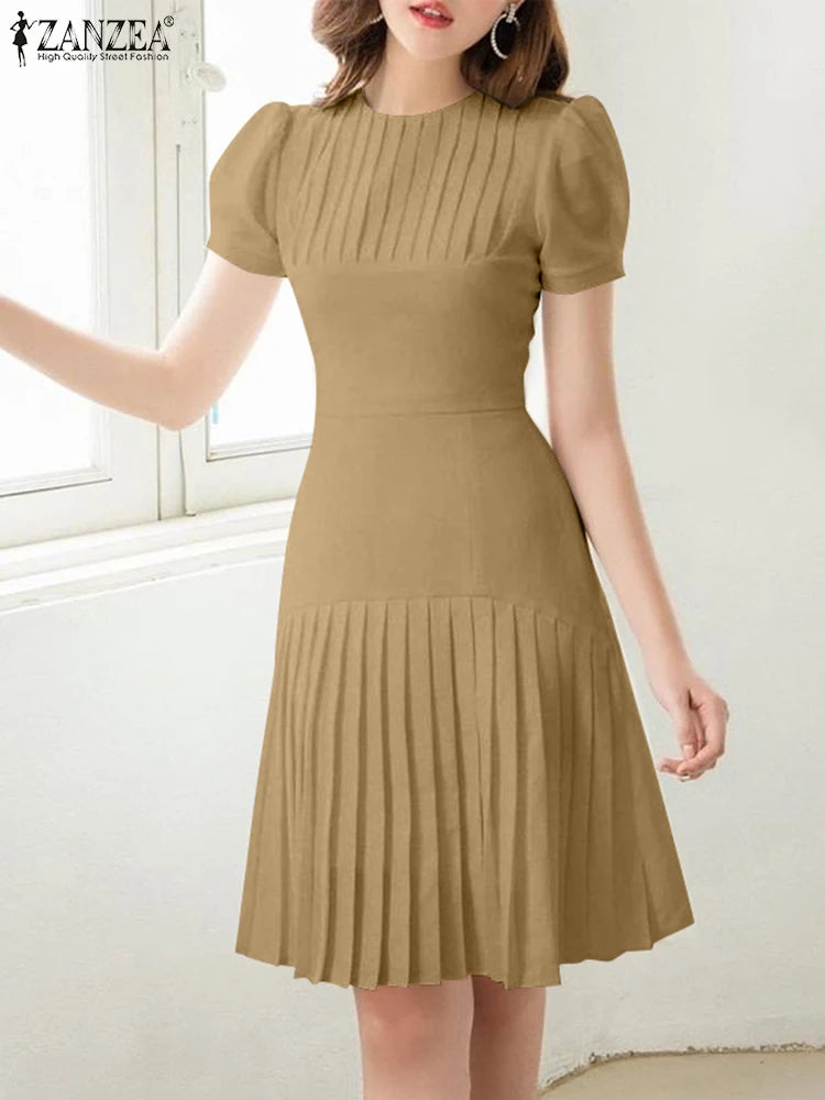 Elegant Office Lady Dresses 2025 Summer Dress ZANZEA Women Elegant Short Puff Sleeve Pleated Party Vestidos Knee Length Robe