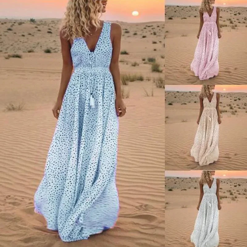 Boho V-Neck Maxi Dress - Stylish Flowy Polka Dot Print Long Dress for Women, Sexy Summer Beach Dress